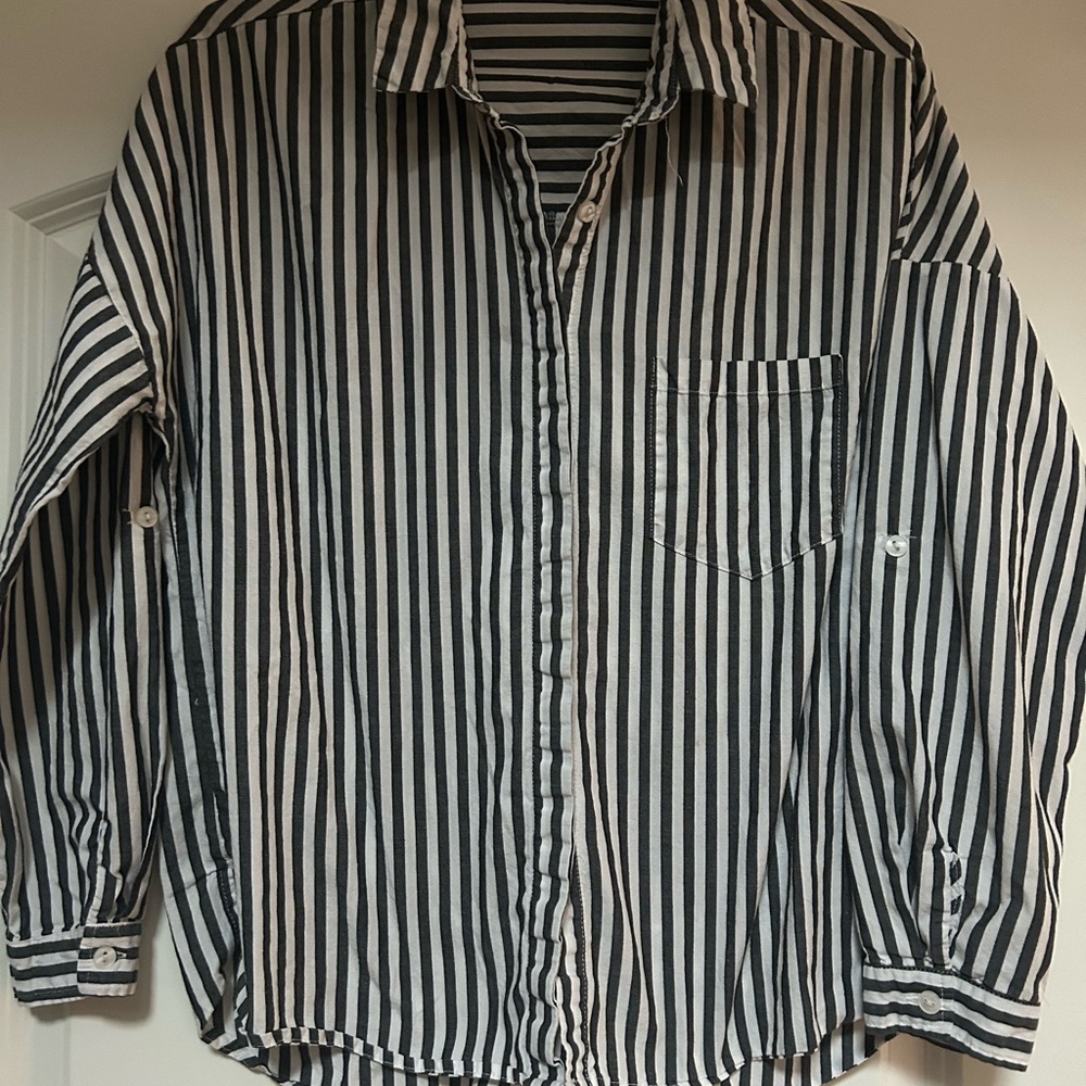 Ally Women’s Sz 8 100% Cotton Striped Long Sleeve Roll Tab Button Down Shirt